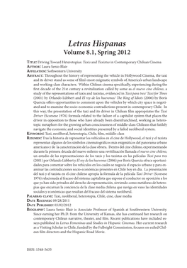 Letras Hispanas Volume 8.1, Spring 2012