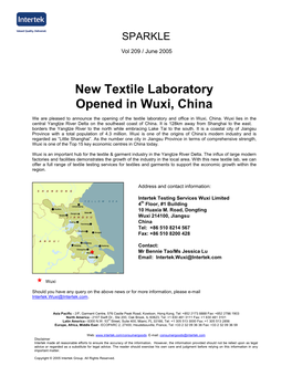 New Textile Laboratory Opened in Wuxi, China We Are Pleased to Announce the Opening of the Textile Laboratory and Office in Wuxi, China