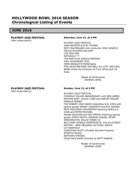 HOLLYWOOD BOWL 2016 SEASON Chronological Listing of Events