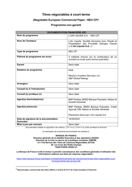 Titres Négociables À Court Terme (Negotiable European Commercial Paper - NEU CP)1 Programme Non Garanti