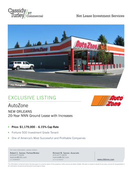 EXCLUSIVE LISTING Autozone New Orleans 20-Year NNN Ground Lease with Increases