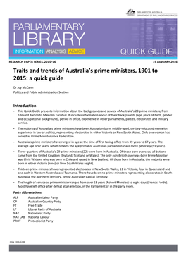 Traits and Trends of Australia's Prime Ministers, 1901 to 2015: a Quick Guide