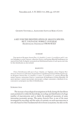 2006, Pp. 419-430 a KEY for the IDENTIFICATION of AMANITA SPECIES, SECT. VAGINATAE, SUBSEC