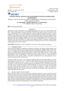 Design and Analysis of Video Compression Technique Using Hevc Intra-Frame Coding K