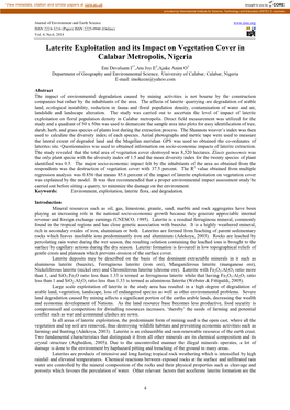 Laterite Exploitation and Its Impact on Vegetation Cover in Calabar Metropolis, Nigeria