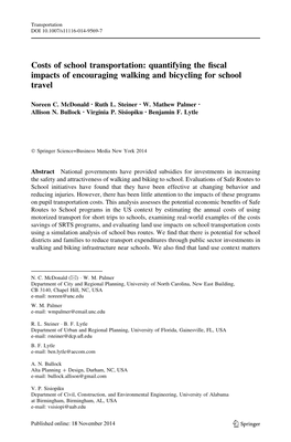 Costs of School Transportation: Quantifying the Fiscal Impacts of Encouraging Walking and Bicycling for School Travel