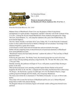 For Immediate Release Oct. 3, 2014 Pirates to Descend on Ocracoke For