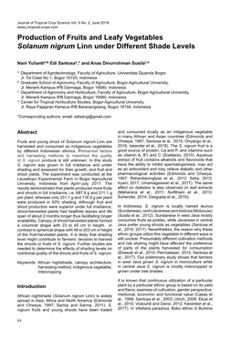 Production of Fruits and Leafy Vegetables Solanum Nigrum Linn Under Different Shade Levels