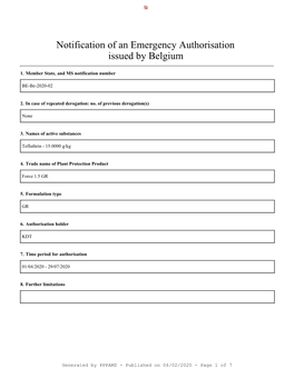 Notification of an Emergency Authorisation Issued by Belgium