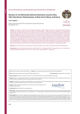 Biology of the Mountain Crayfish Euastacus Sulcatus Riek, 1951 (Crustacea: Parastacidae), in New South Wales, Australia