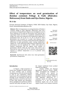 Effect of Temperature on Seed Germination of Bombax Costatum Pellegr