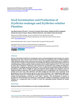 Seed Germination and Production of Erythrina Mulungu and Erythrina Velutina Plantlets