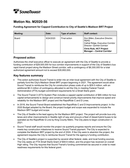 Motion No. M2020-56 Funding Agreement for Capped Contribution to City of Seattle’S Madison BRT Project