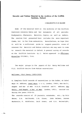 Meroitic and Nubian Material in the Archives of the Griffith Institute, Oxford