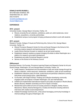 DONALD HAYES RUSSELL 5813 NEVADA AVENUE, NW WASHINGTON, DC 20015 202-213-6272 Donaldhrussell@Gmail.Com Drusse10@Gmu.Edu