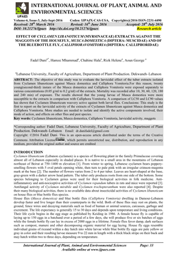 Extracts Against the Maggots of the Housefly, Musca Domestica (Diptera: Muscidae) and of the Bluebottle Fly, Calliphoravomitoria (Diptera: Calliphoridae)