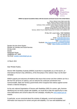 Senator the Hon Anne Ruston Minister for Families and Social Services PO Box 6100 Senate Parliament House CANBERRA ACT 2600 Via Email: Senator.Ruston@Aph.Gov.Au