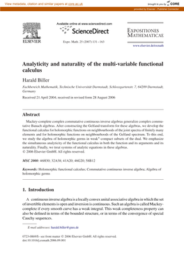 Analyticity and Naturality of the Multi-Variable Functional Calculus Harald Biller Fachbereich Mathematik, Technische Universität Darmstadt, Schlossgartenstr