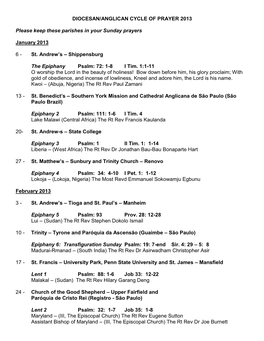 DIOCESAN/ANGLICAN CYCLE of PRAYER 2013 Please Keep These Parishes in Your Sunday Prayers January 2013 6