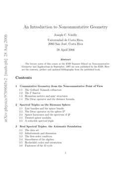 [Math-Ph] 28 Aug 2006 an Introduction to Noncommutative Geometry