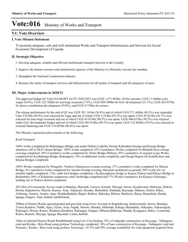 Vote:016 Ministry of Works and Transport V1: Vote Overview I