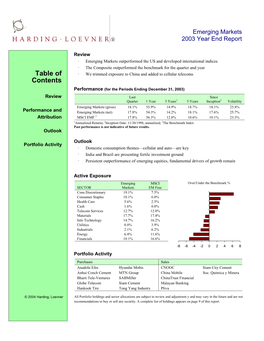 Emerging Markets FOURTH Quarter 2003 Report