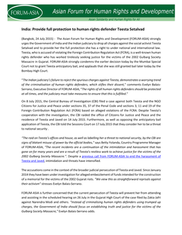 India: Provide Full Protection to Human Rights Defender Teesta Setalvad