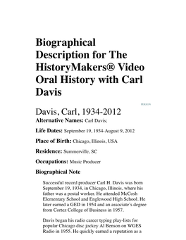 Biographical Description for the Historymakers® Video Oral History with Carl Davis