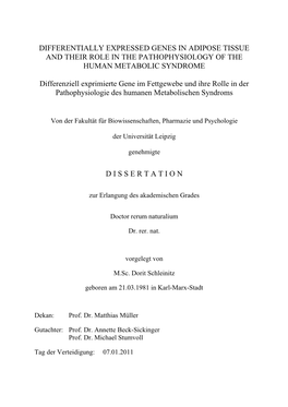 DIFFERENTIALLY EXPRESSED GENES in ADIPOSE TISSUE and THEIR ROLE in the PATHOPHYSIOLOGY of the HUMAN METABOLIC SYNDROME Differenz