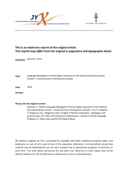 Language Ideologies in Finnish Higher Education in the National and International Context : a Historical and Contemporary Outlook