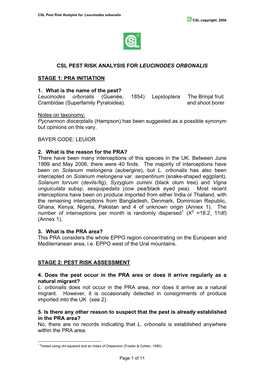 CSL PEST RISK ANALYSIS for LEUCINODES ORBONALIS STAGE 1: PRA INITIATION 1. What Is the Name of the Pest? Leucinodes Orbonalis (G