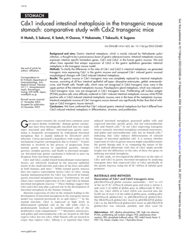 Cdx1 Induced Intestinal Metaplasia in the Transgenic Mouse Stomach