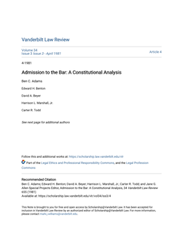 Admission to the Bar: a Constitutional Analysis