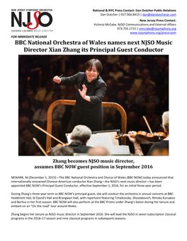 BBC National Orchestra of Wales Names Next NJSO Music Director Xian Zhang Its Principal Guest Conductor