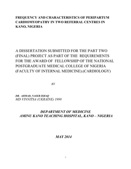 Frequency and Characteristics of Peripartum Cardiomyopathy in Two Referral Centres in Kano, Nigeria