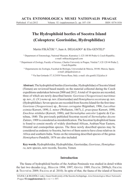 The Hydrophiloid Beetles of Socotra Island (Coleoptera: Georissidae, Hydrophilidae)