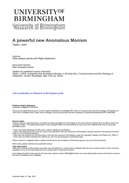 University of Birmingham a Powerful New Anomalous Monism