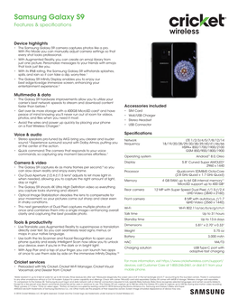 Samsung Galaxy S9 Features & Speci Cations