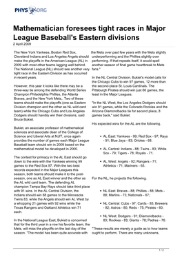 Mathematician Foresees Tight Races in Major League Baseball's Eastern Divisions 2 April 2009