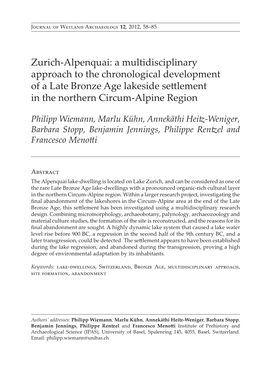 Zurich-Alpenquai: a Multidisciplinary Approach to the Chronological Development of a Late Bronze Age Lakeside Settlement in the Northern Circum-Alpine Region