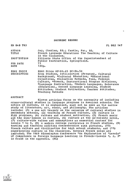 ED 048 793 AUTHOR TITLE INSTTTUTION PUB DATE EDRS PRICE DESCRIPTORS ABSTRACT DOCUMENT RESUME FL 002 147 Jay, Charles, Ed.; Castl