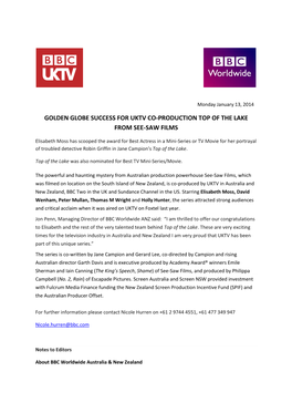 Golden Globe Success for Uktv Co-Production Top of the Lake from See-Saw Films