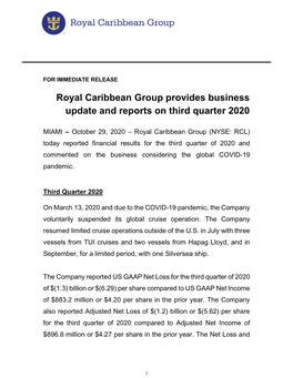 Royal Caribbean Group Provides Business Update and Reports on Third Quarter 2020