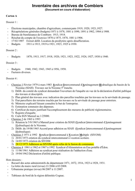 Inventaire Des Archives De Combiers (Document En Cours D’Élaboration)