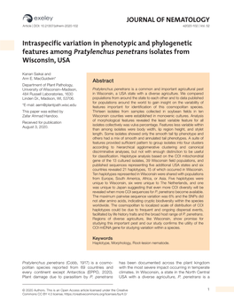 JOURNAL of NEMATOLOGY Intraspecific Variation in Phenotypic