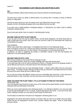 Lesson 3 RECOGNISING PLANT FAMILIES and IDENTIFYING PLANTS Aim Distinguish Between Different Plant Families and to Become Profi