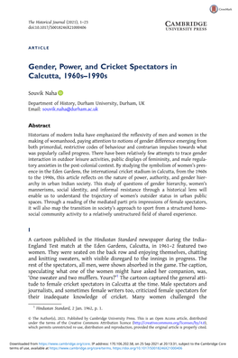 Gender, Power, and Cricket Spectators in Calcutta, 1960S–1990S