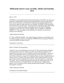 Hikitsuchi-Sensei's Essay on Iaido, Aikido and Zanshin, 1973