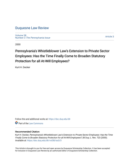 Pennsylvania's Whistleblower Law's Extension to Private Sector Employees: Has the Time Finally Come to Broaden Statutory Protection for All At-Will Employees?