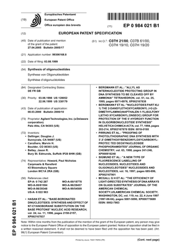 Synthesis of Oligonucleotides Synthese Von Oligonukleotiden Synthèse D’Oligonucléotides